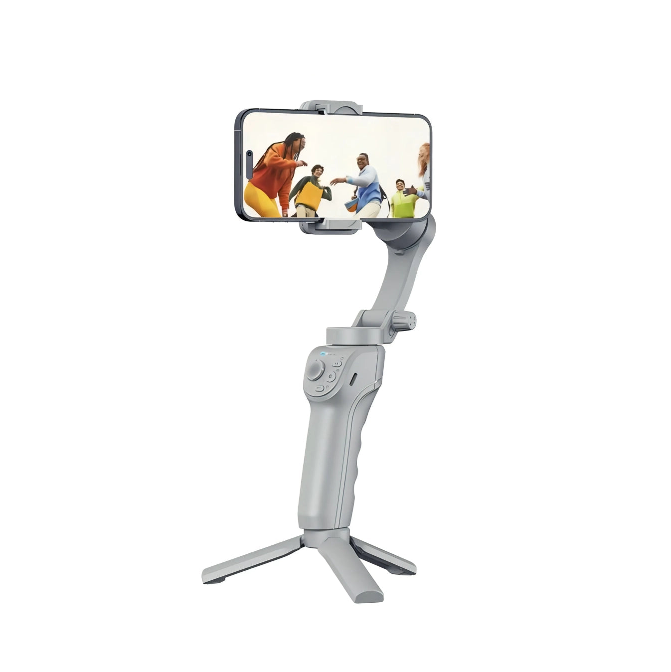Phone Puruxe Gimbal stabilizer with smartphone displaying a sports game on a white background