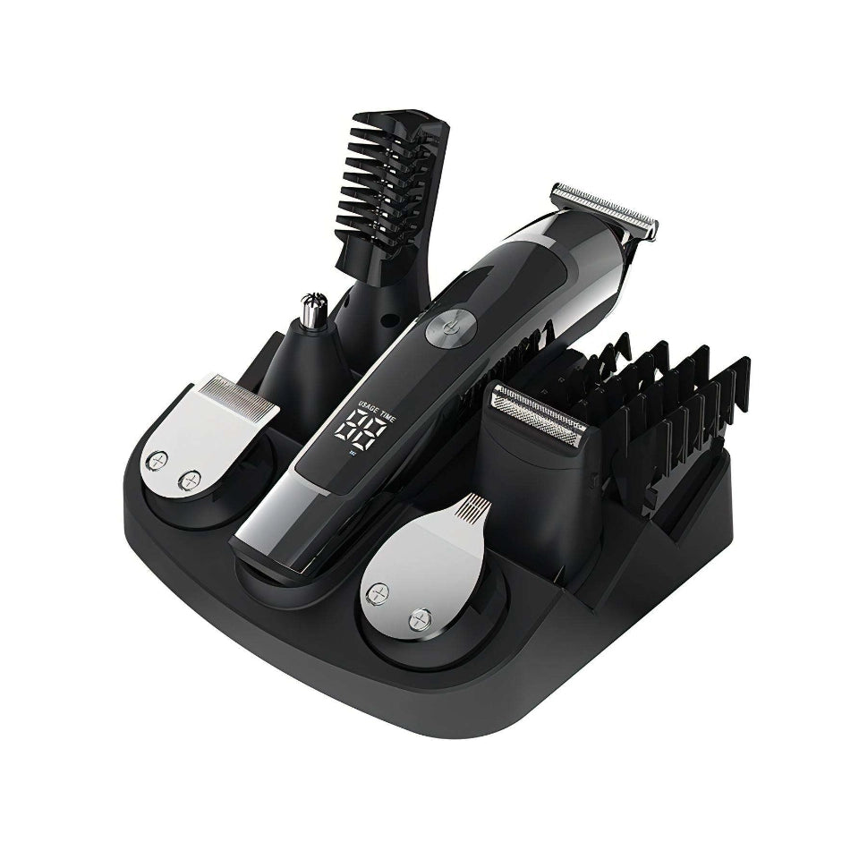 Set of grooming tools including a Puruxe Hair Clipper, trimmer, and comb on a white background