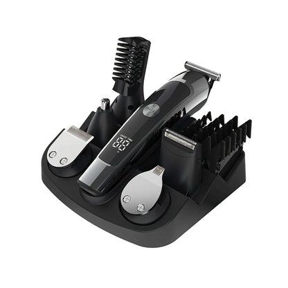 Set of grooming tools including a Puruxe Hair Clipper, trimmer, and comb on a white background
