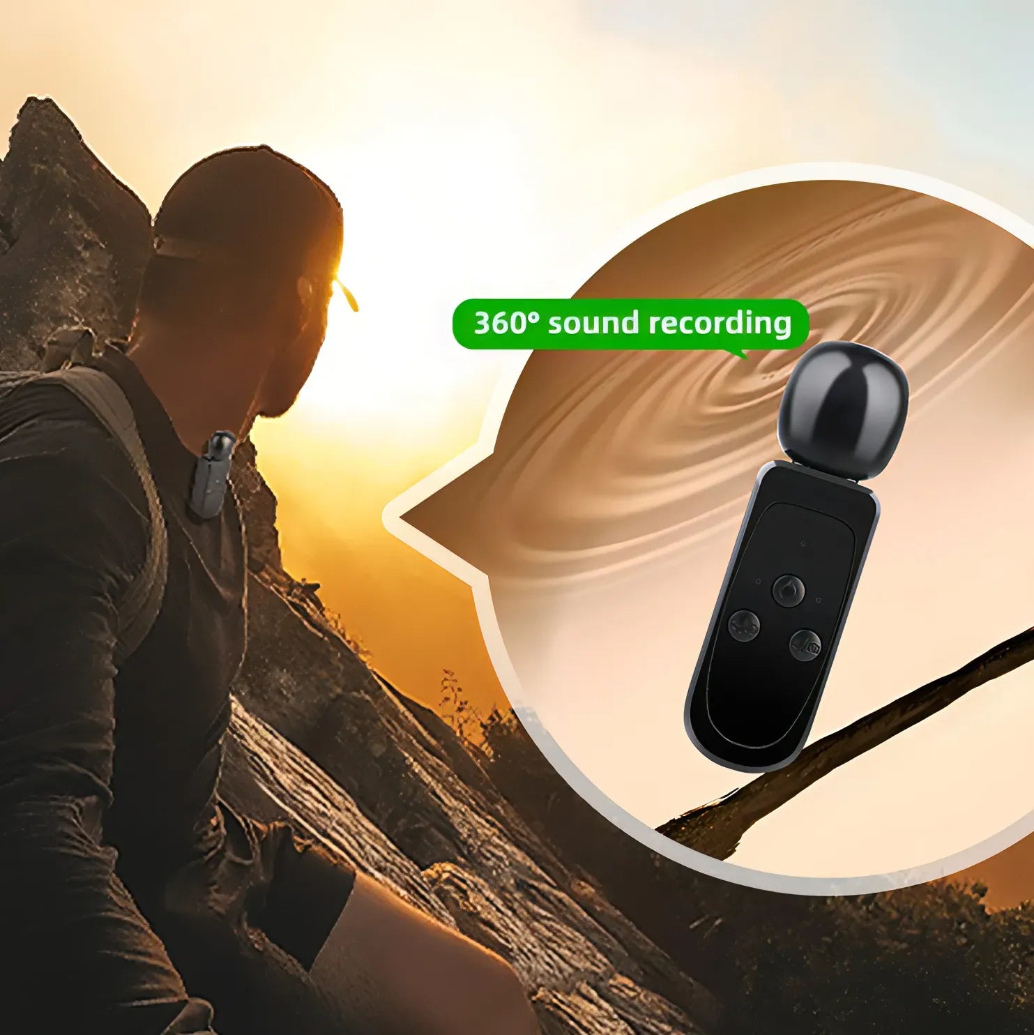 Person sitting on a rock with a sunset, featuring a 360-degree sound recording device.