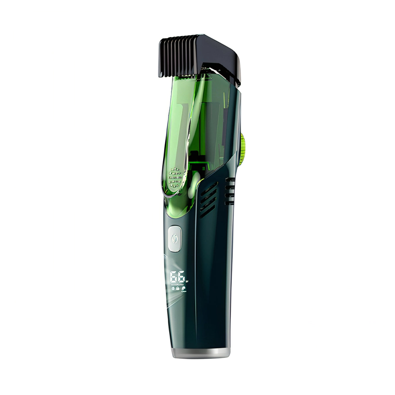 Purexe beard trimmer device with digital display on a white background