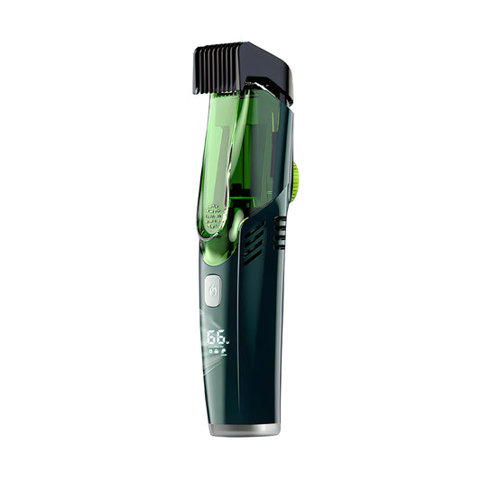 Purexe beard trimmer device with digital display on a white background