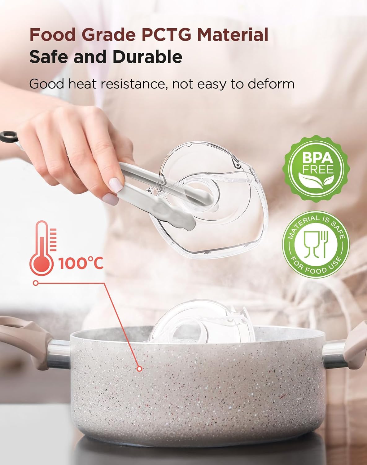 Stoneware pot with lid being lifted by tongs, highlighting food-grade PCTG material and BPA-free feature.