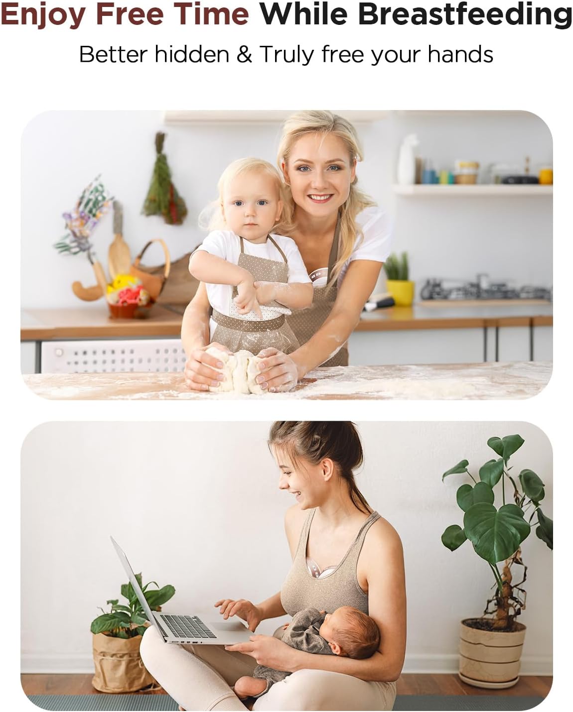 Woman breastfeeding a baby while using a laptop in a home setting.