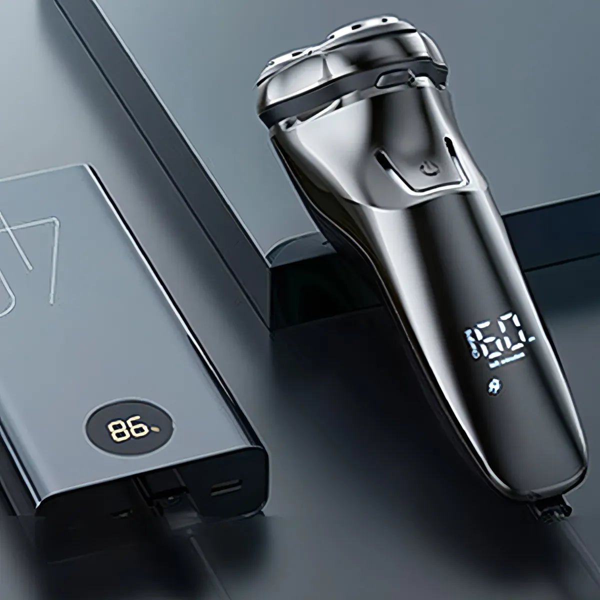 Puruxe Electric Shaver with digital display on a dark surface