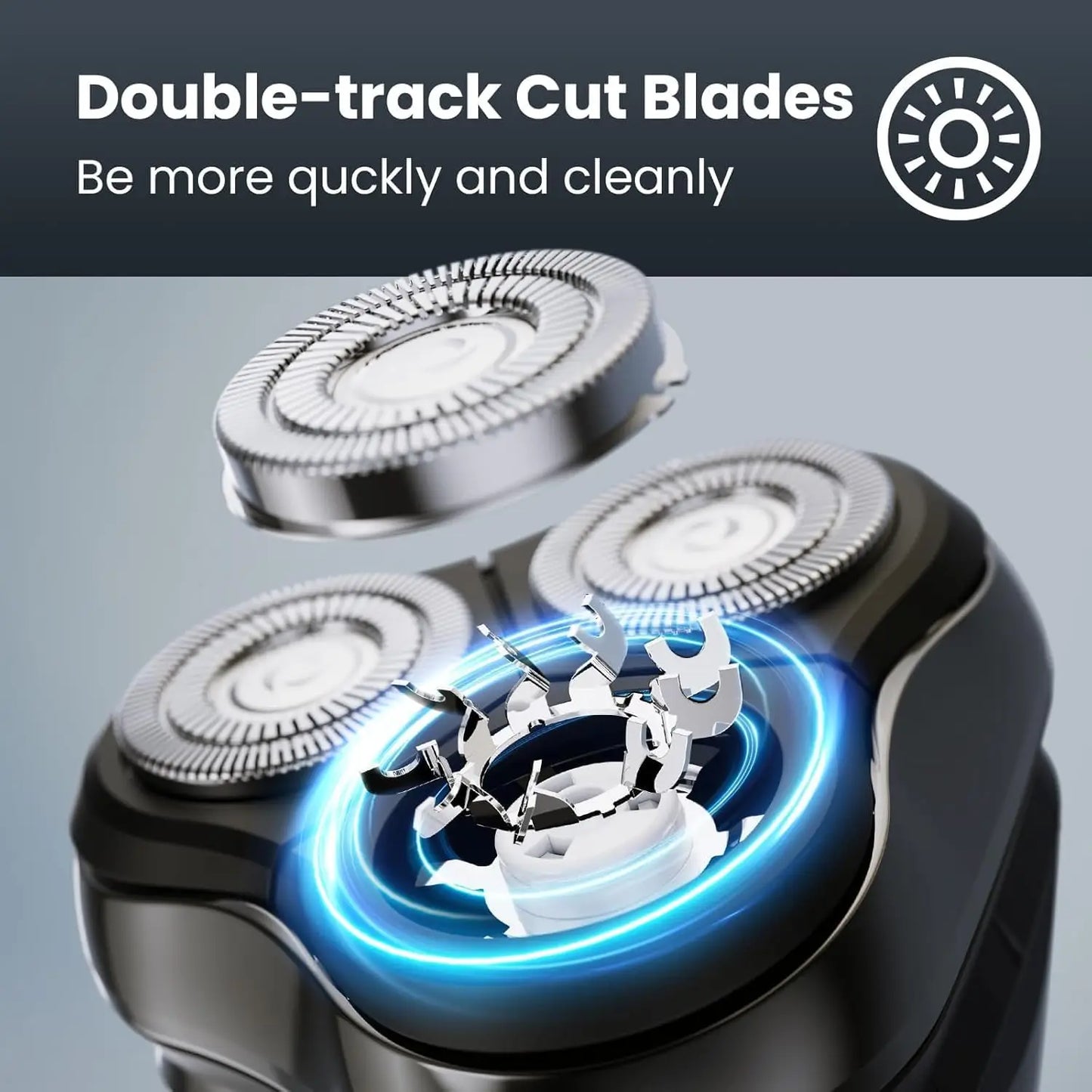 Puruxe Electric Shaver machine with double-track cut blades on a gray background
