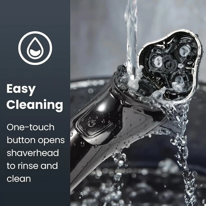 Puruxe Electric Shaver being rinsed with water, highlighting easy cleaning feature.