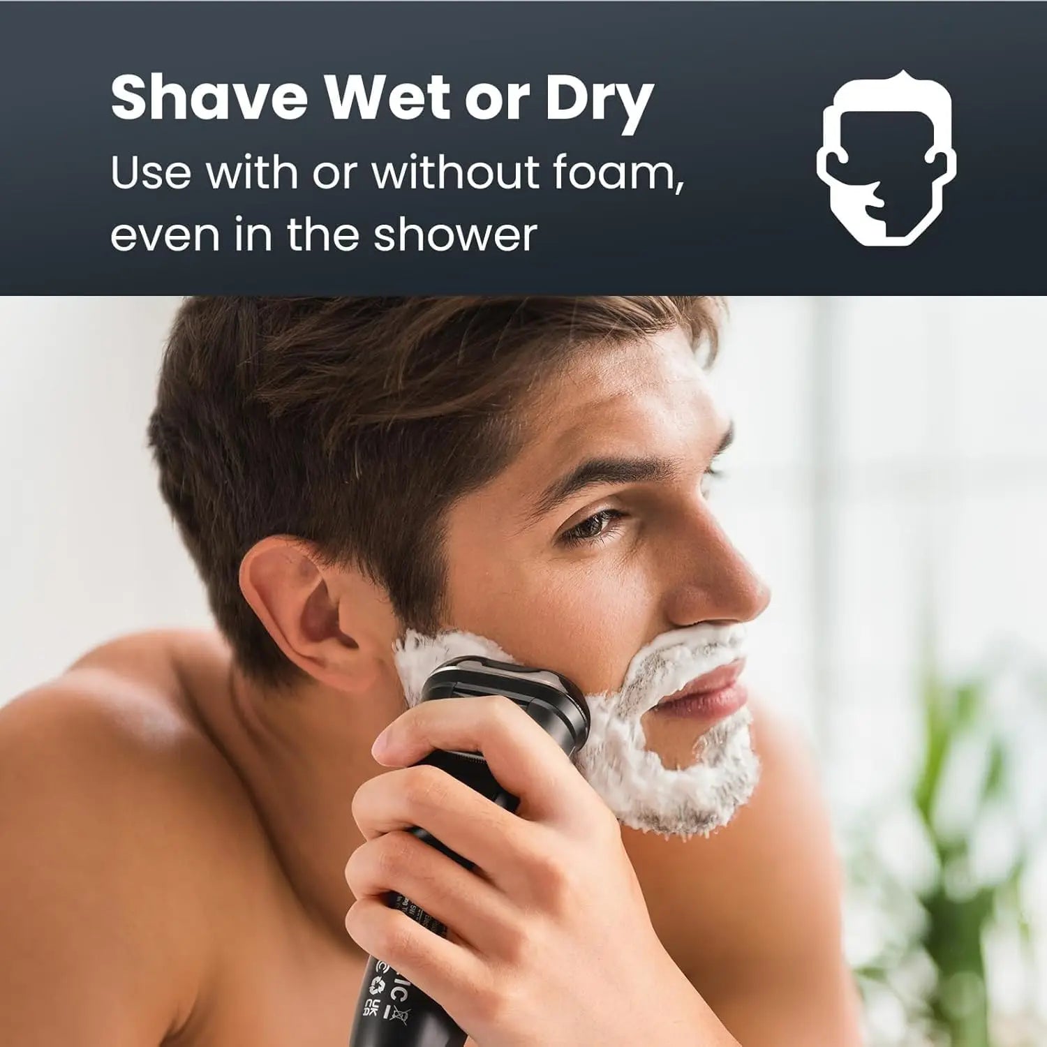 Man shaving with a Puruxe Electric Shaver, with text about shaving wet or dry.