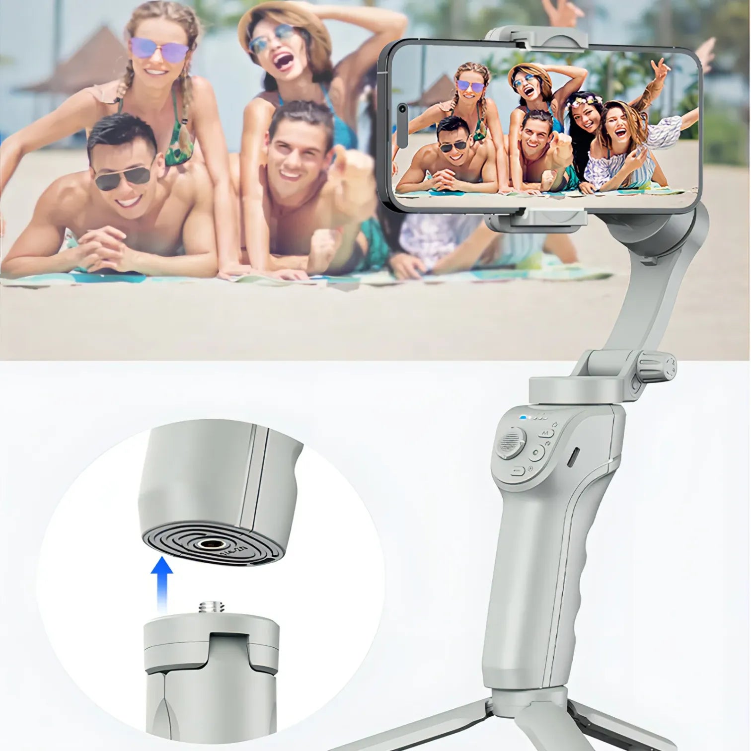 Smartphone held by a Puruxe Gimbal with a photo of people on the screen, set against a background of people by a pool.