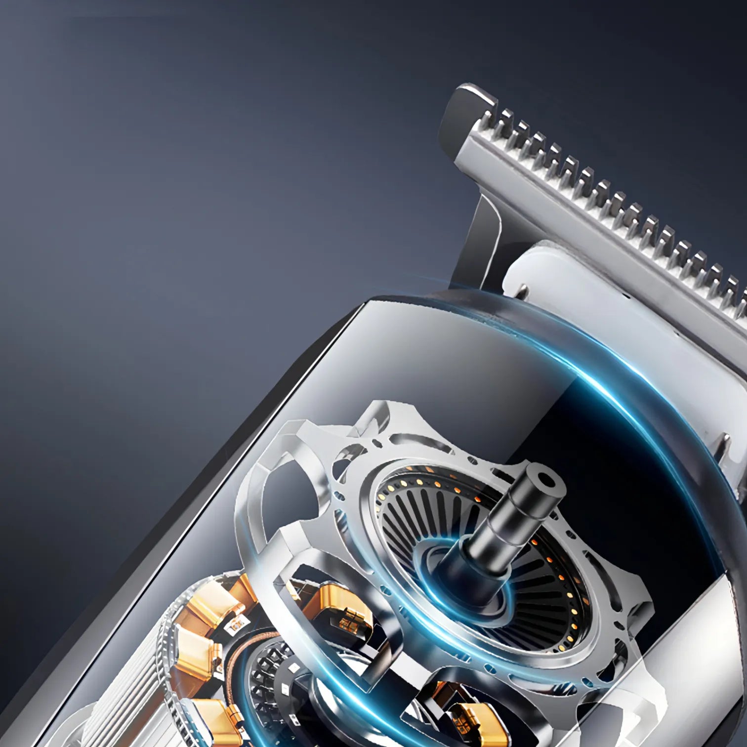 Close-up of a watch mechanism with metallic and blue elements on a dark background