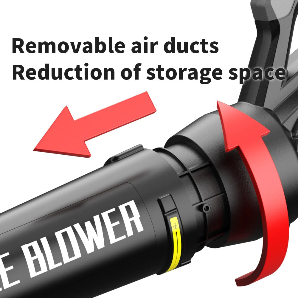 Black Puruxe Leaf Blower with removable air ducts and text indicating reduction of storage space.