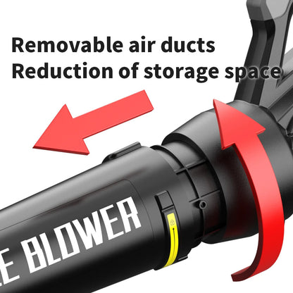 Black Puruxe Leaf Blower with removable air ducts and text indicating reduction of storage space.