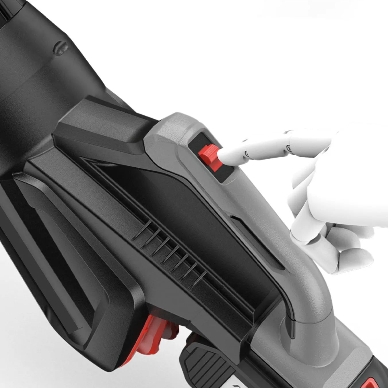 Close-up of a black and Puruxe Leaf Blower tool with red accents on a white background
