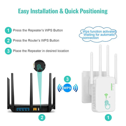 Diagram of Qinux Spiddy WiFi Extender and repeater setup with WPS buttons and text on easy installation.