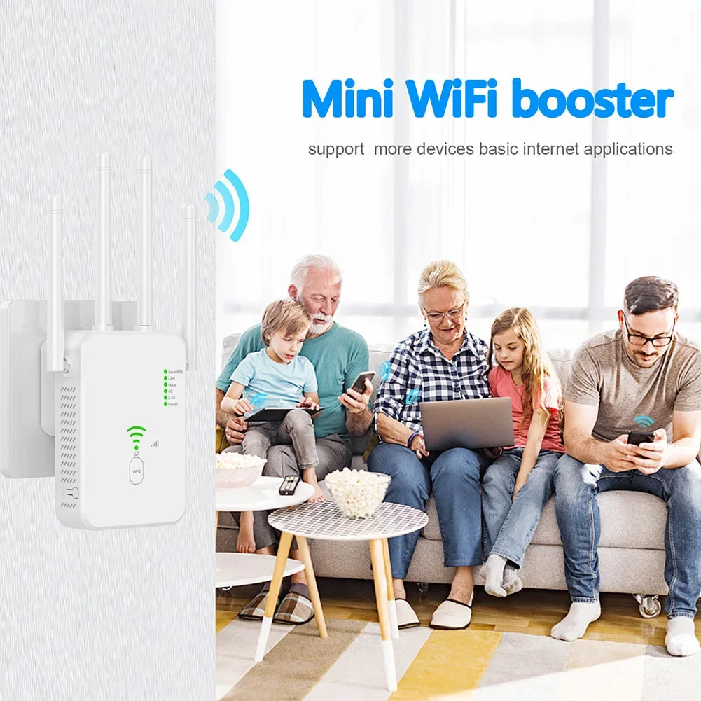 Qinux Spiddy WiFi Extender booster with family using electronic devices in a living room setting
