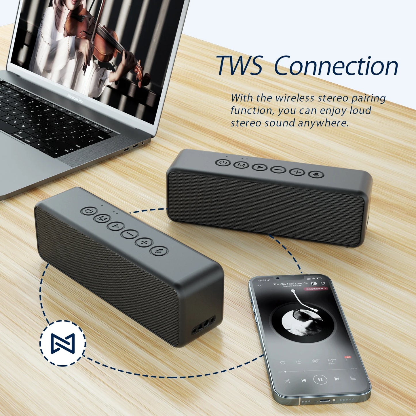 Two BS Melody Bluetooth speakers connected in True Wireless Stereo (TWS) mode for synchronized 360-degree immersive sound experience
