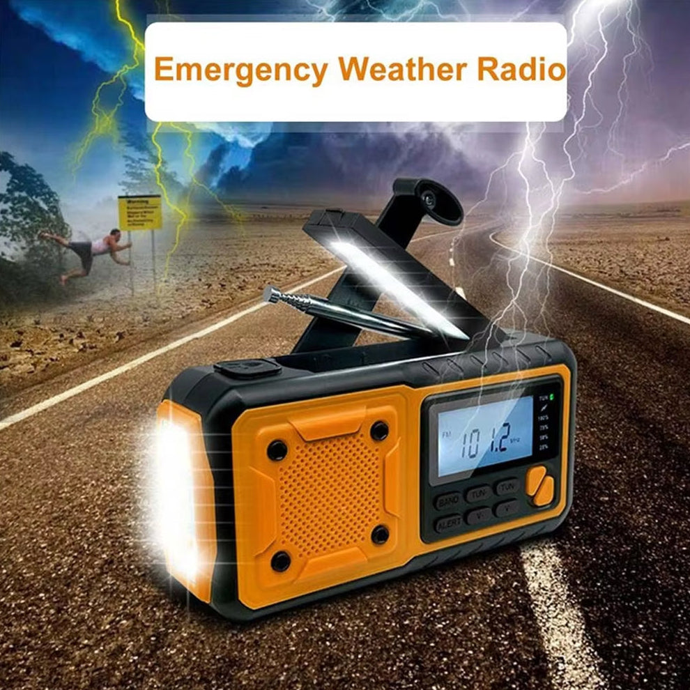 SafeNetto Emergency weather radio with flashlight on a road during a storm