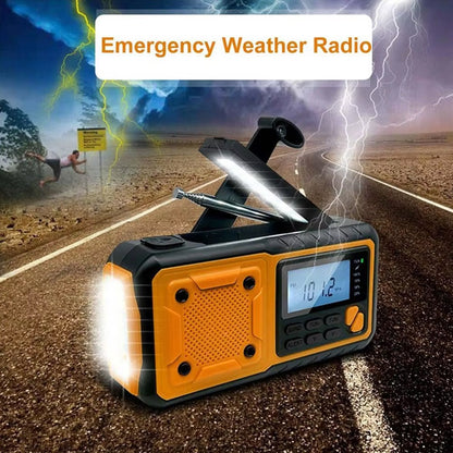 SafeNetto Emergency weather radio with flashlight on a road during a storm