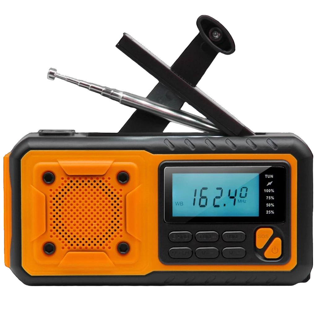 Orange and black handheld SafeNetto Emergency Radio with digital display on a white background