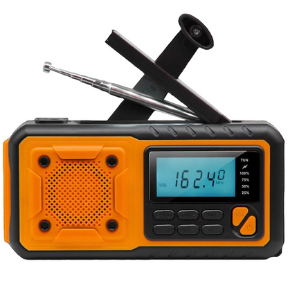 Orange and black handheld SafeNetto Emergency Radio with digital display on a white background