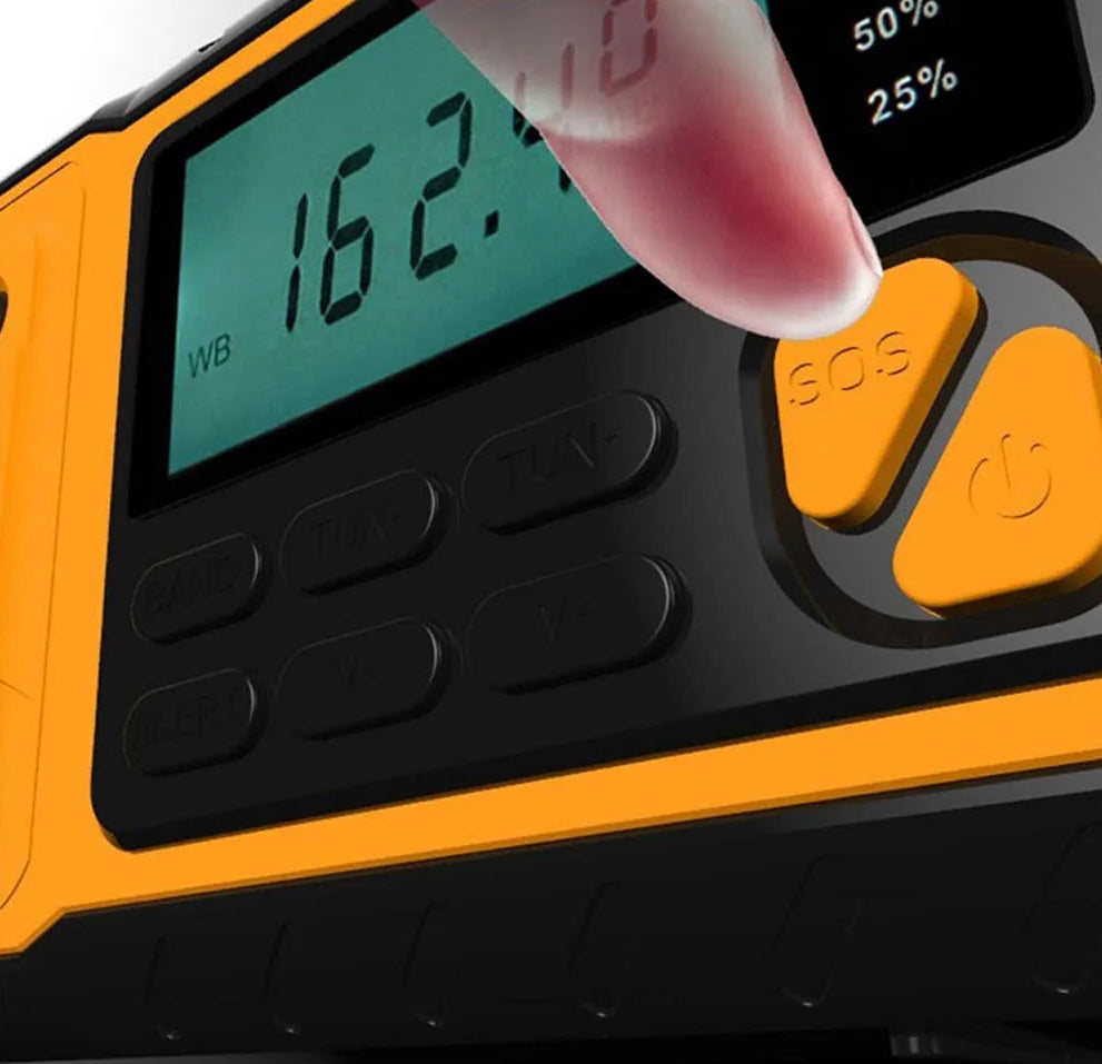 SafeNetto Emergency Radio with a finger pressing a button, displaying numbers on a screen.
