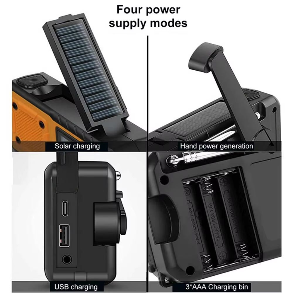 Diagram showing four power supply modes of a device with solar charging, hand power generation, USB charging, and AAA battery charging.