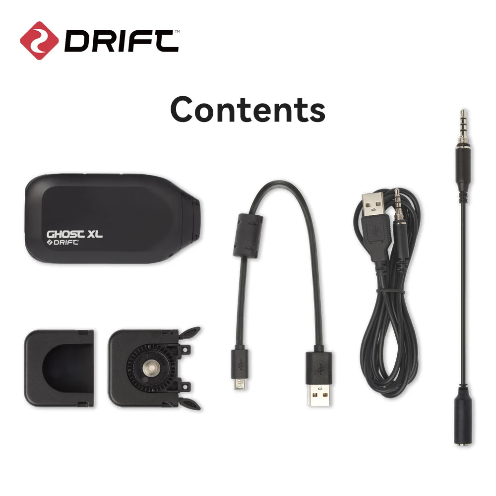 DRIFT product contents including a black device, USB cable, and other components on a white background.