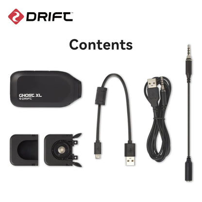 DRIFT product contents including a black device, USB cable, and other components on a white background.