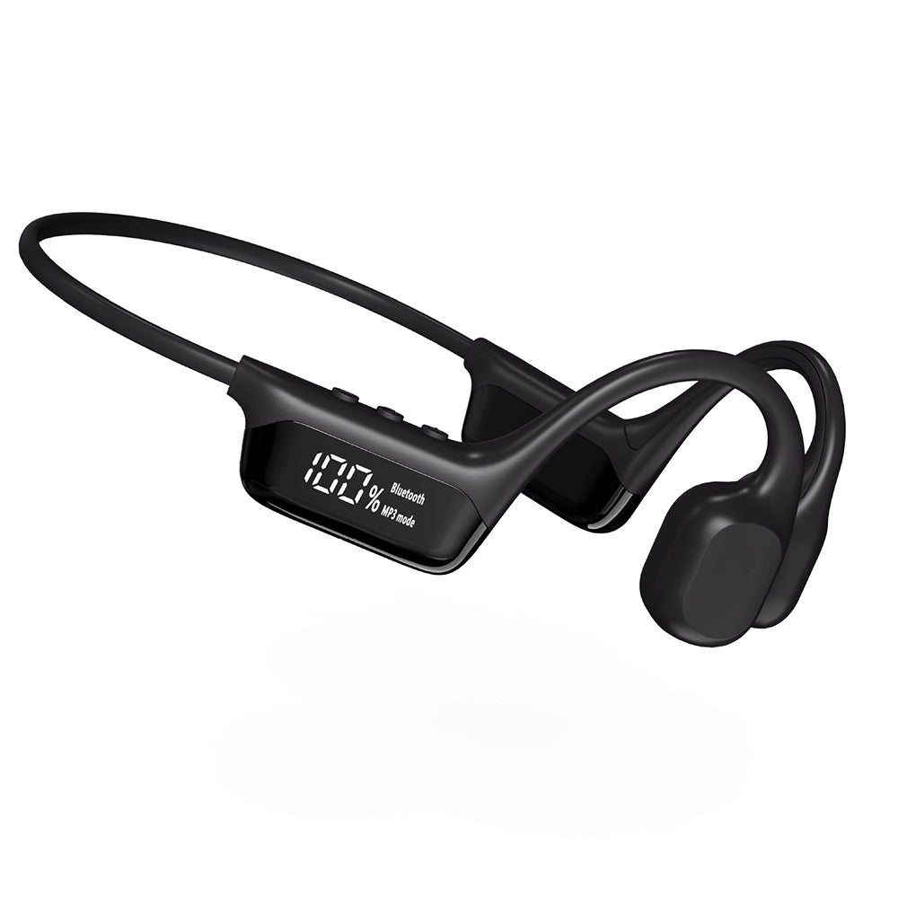Black wireless Sekoda Bone Conduction Headphones with digital display on a white background