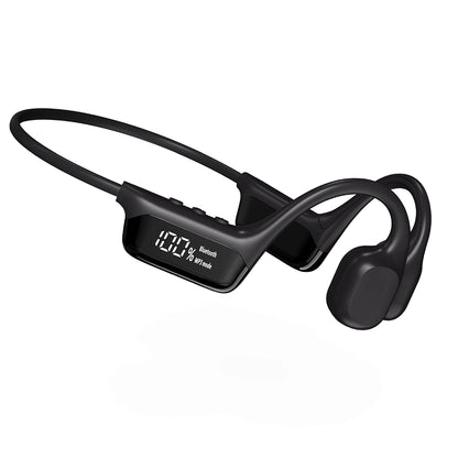 Black wireless Sekoda Bone Conduction Headphones with digital display on a white background