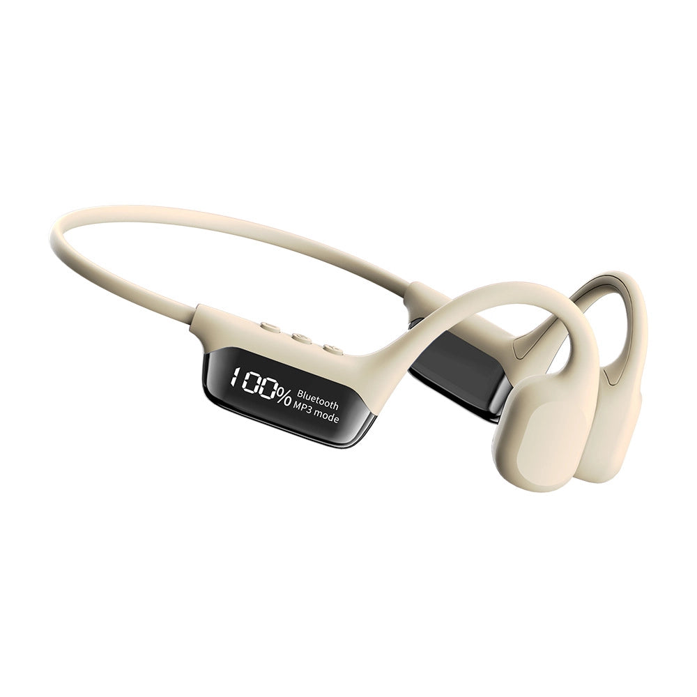 Beige Sekoda Bone Conduction Headphones with a digital display on a white background