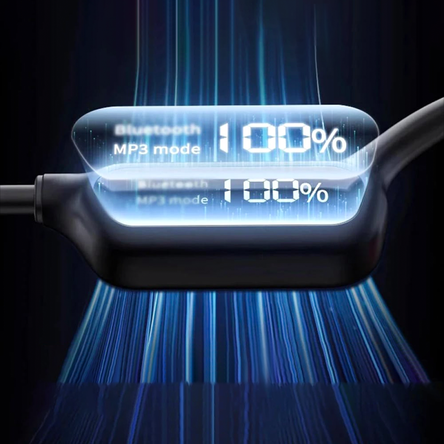 Sekoda Bone Conduction Headphones Digital display showing '100%' battery charge on a dark background with blue light effects.