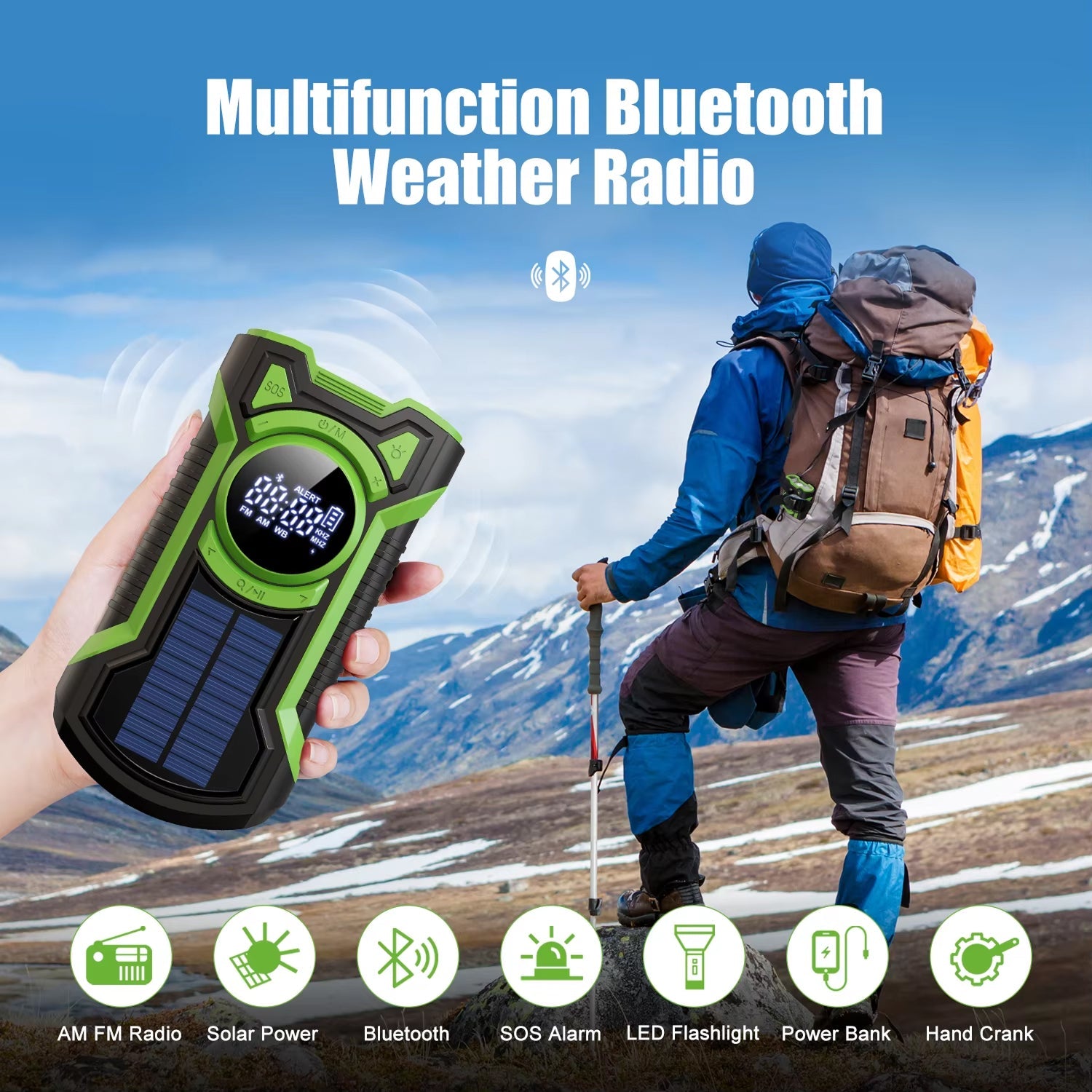 Multifunction Bluetooth weather SigziVox Emergency Radio held by a person with a hiker in the background