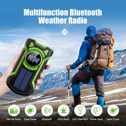 Multifunction Bluetooth weather SigziVox Emergency Radio held by a person with a hiker in the background