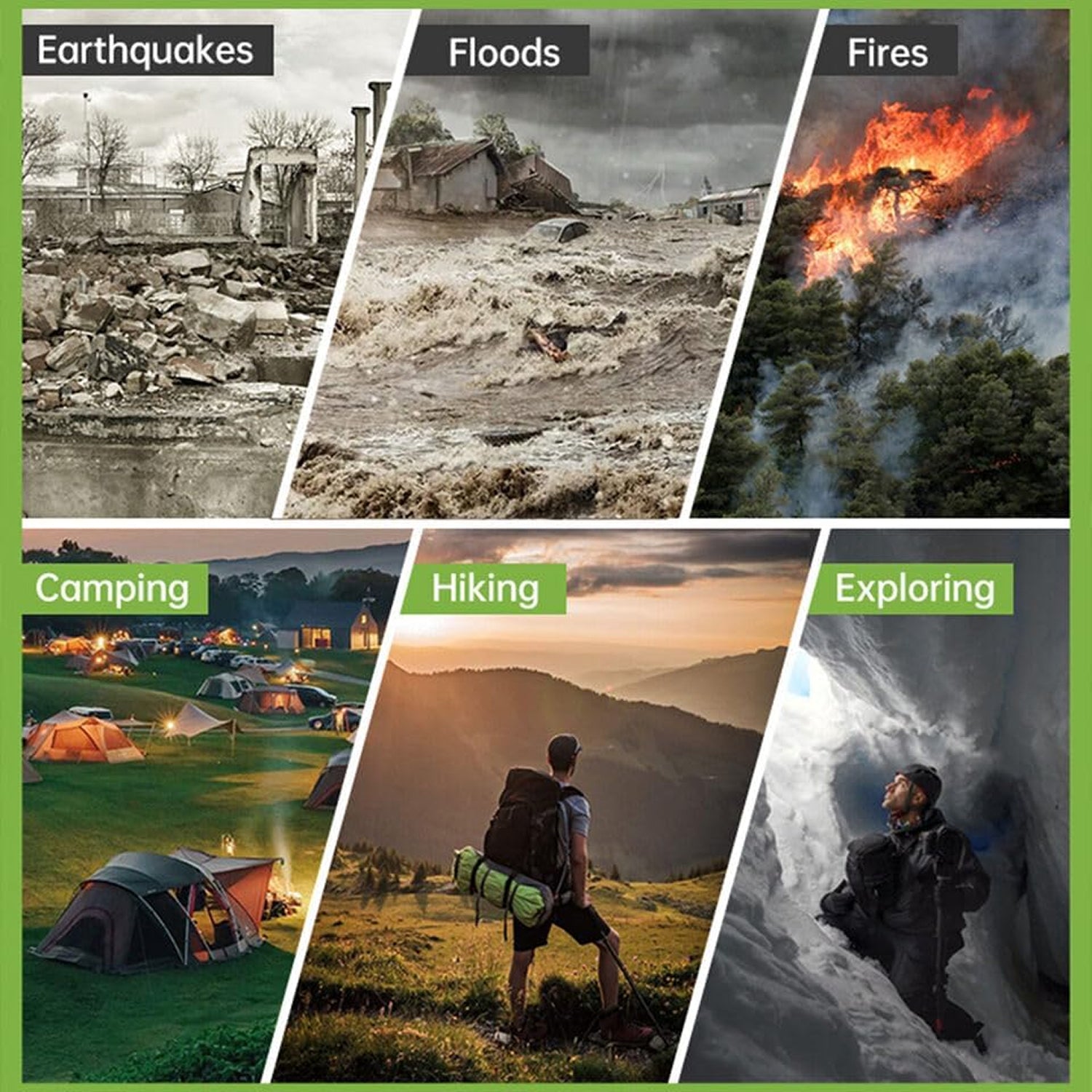 SigziVox Emergency Radio used Collage of natural disasters and outdoor activities with text labels.