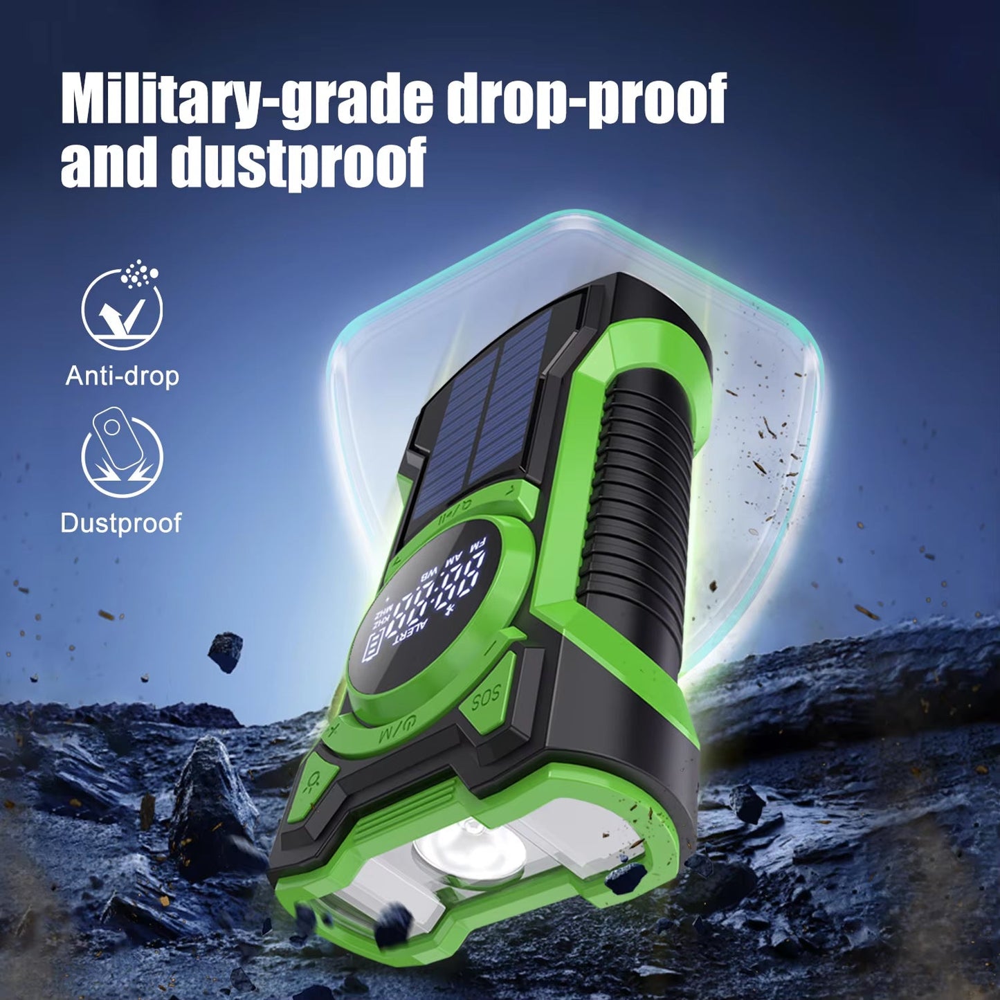 Green and black portable SigziVox Emergency Radio with military-grade drop-proof and dustproof features on a rugged background.