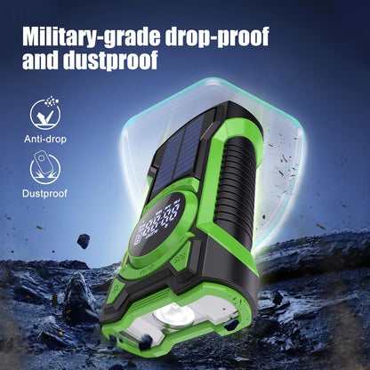 Green and black portable SigziVox Emergency Radio with military-grade drop-proof and dustproof features on a rugged background.