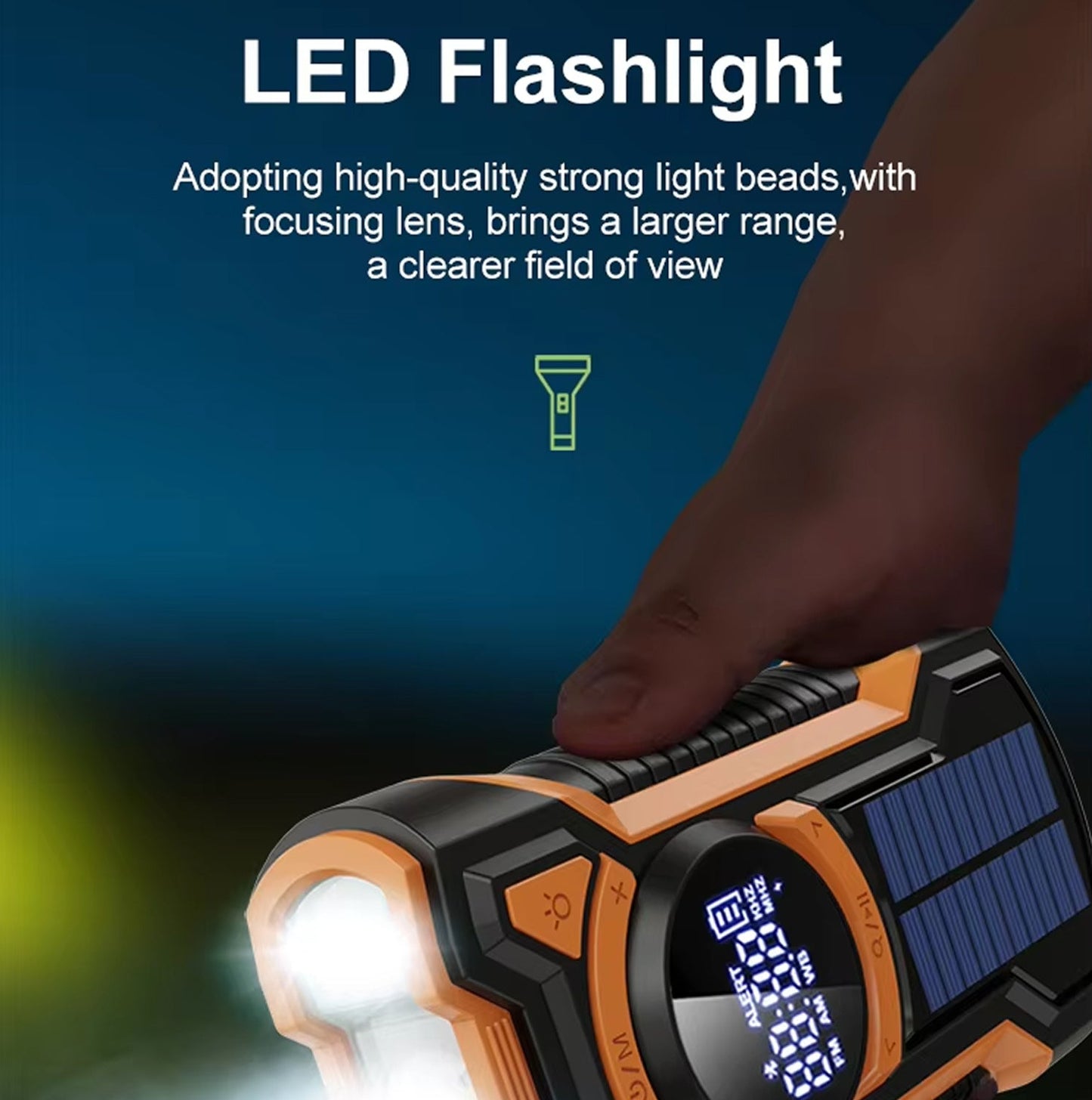 SigziVox Emergency Radio LED flashlight with solar panel on a dark background