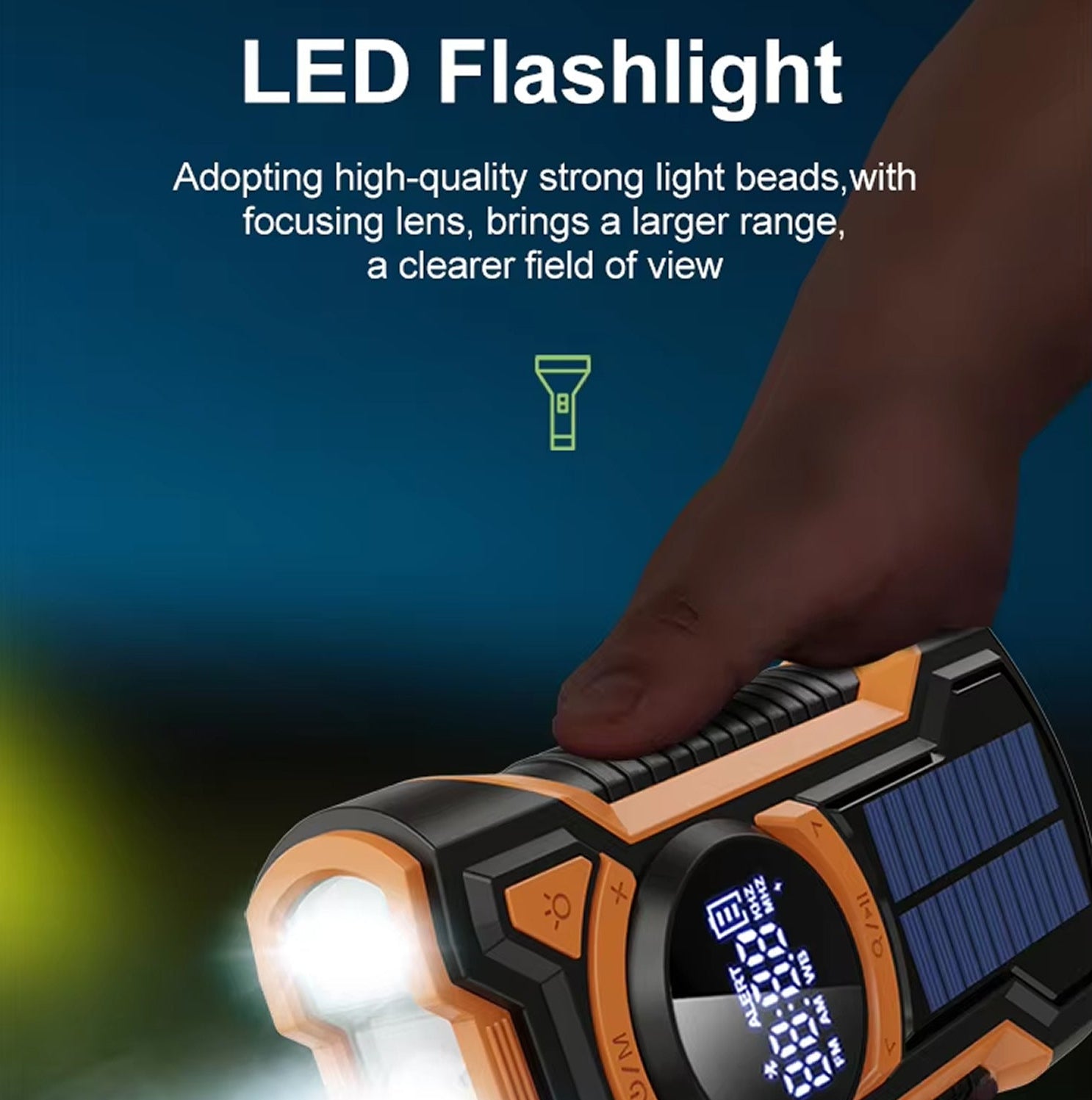 SigziVox Emergency Radio LED flashlight with solar panel on a dark background