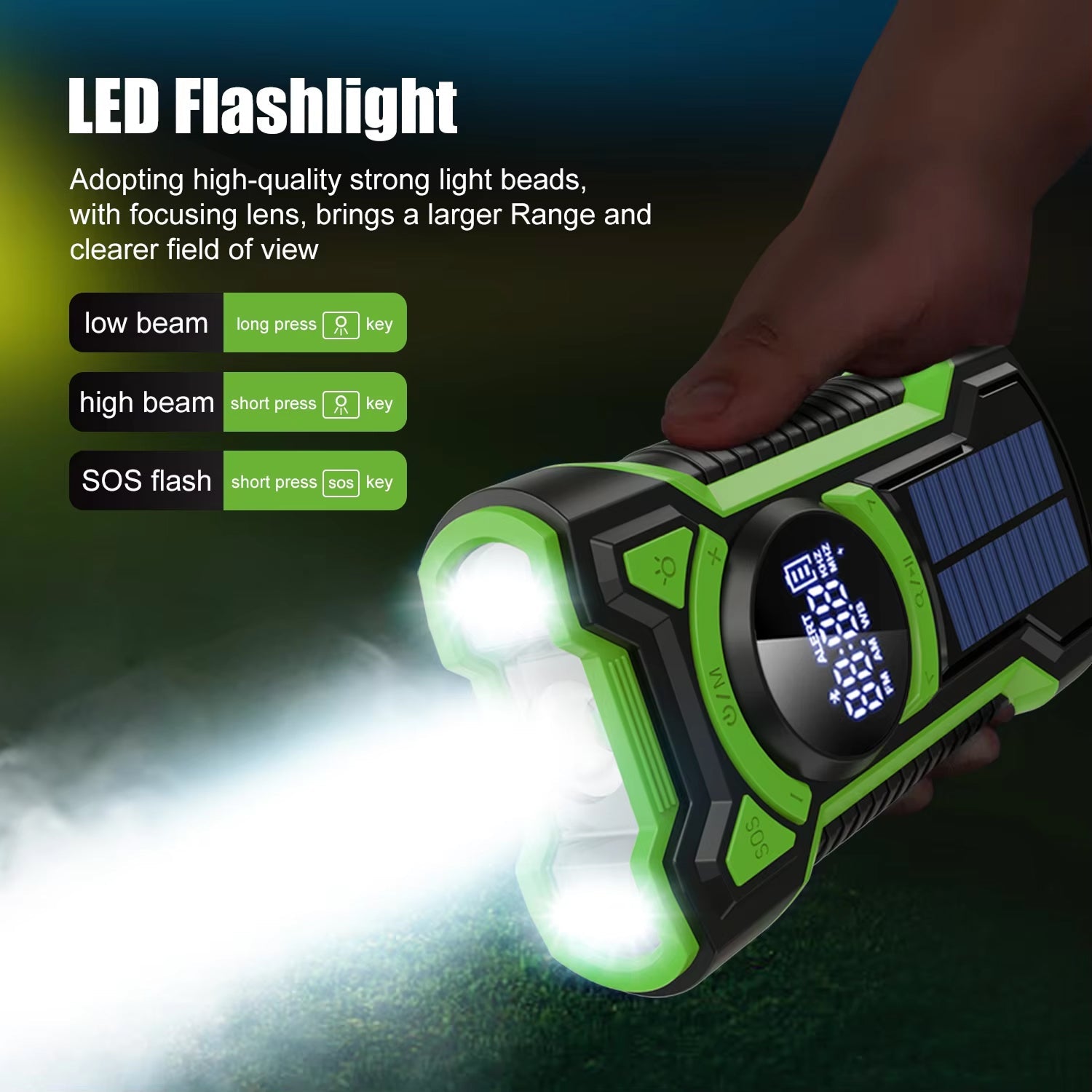 Green SigziVox Emergency Radio LED flashlight with solar panel and digital display, held by a hand in a dark setting.