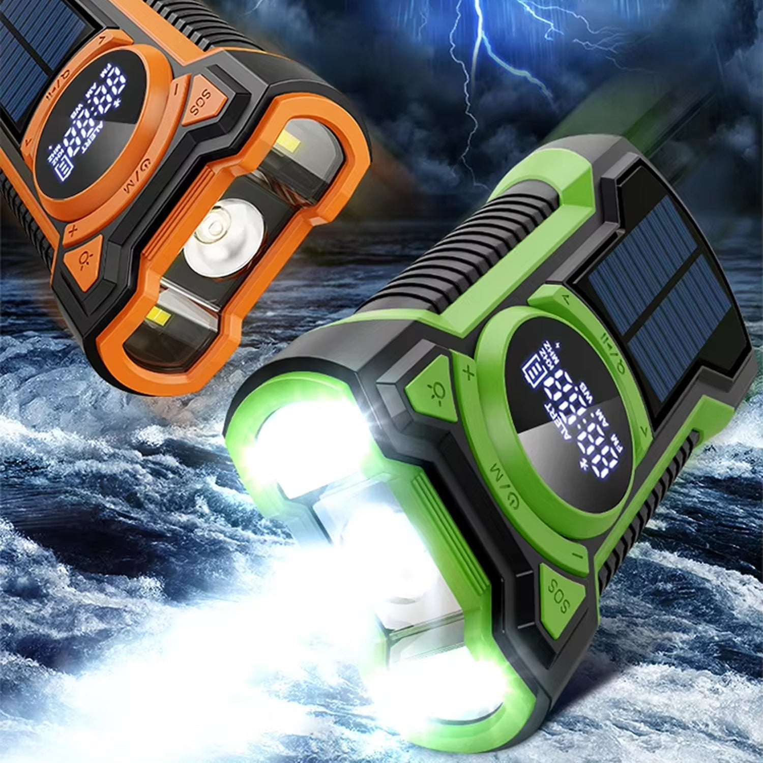 Two solar-powered flashlights SigziVox Emergency Radio, one orange and one green, on a background of water and lightning.