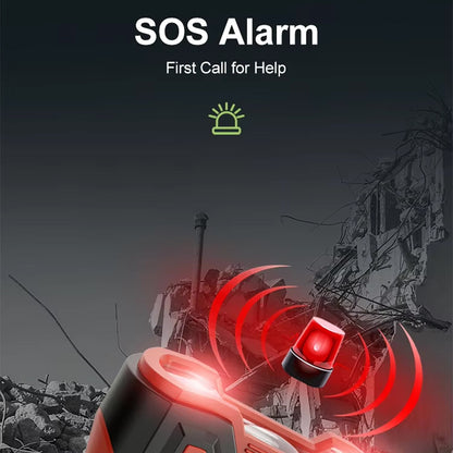SOS alarm device with red lights and text 'First Call for Help' on a dark background.