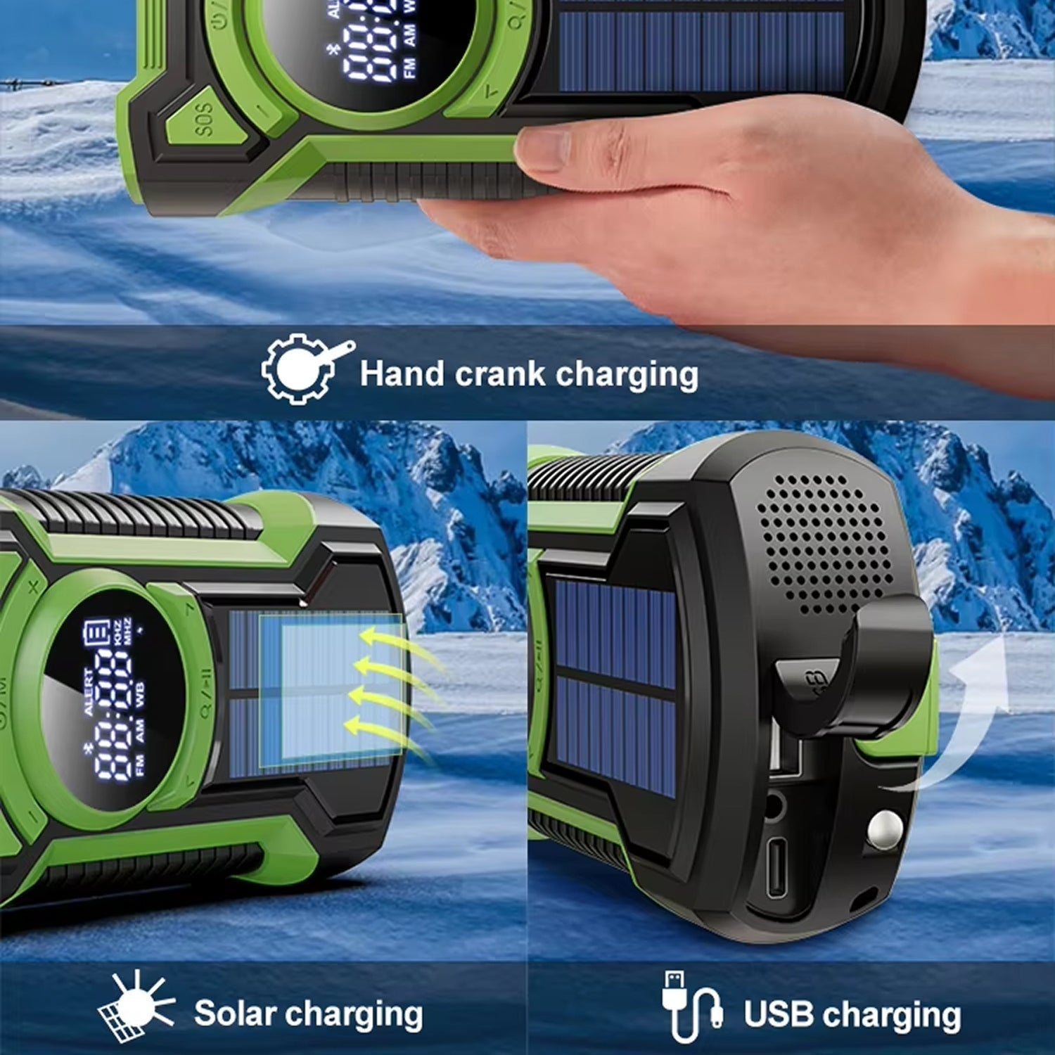 Hand crank, solar, and USB charging devices with a snowy mountain background