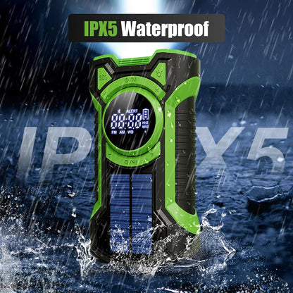Green and black SigziVox Emergency Radio with solar panel, labeled 'IPX5 Waterproof', on a rain-themed background.