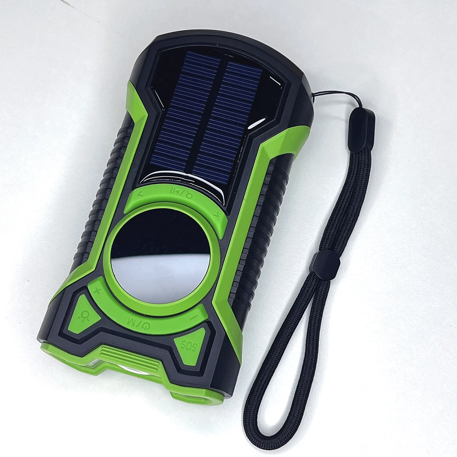 Green and black solar-powered SigziVox Emergency Radio with a strap on a white background