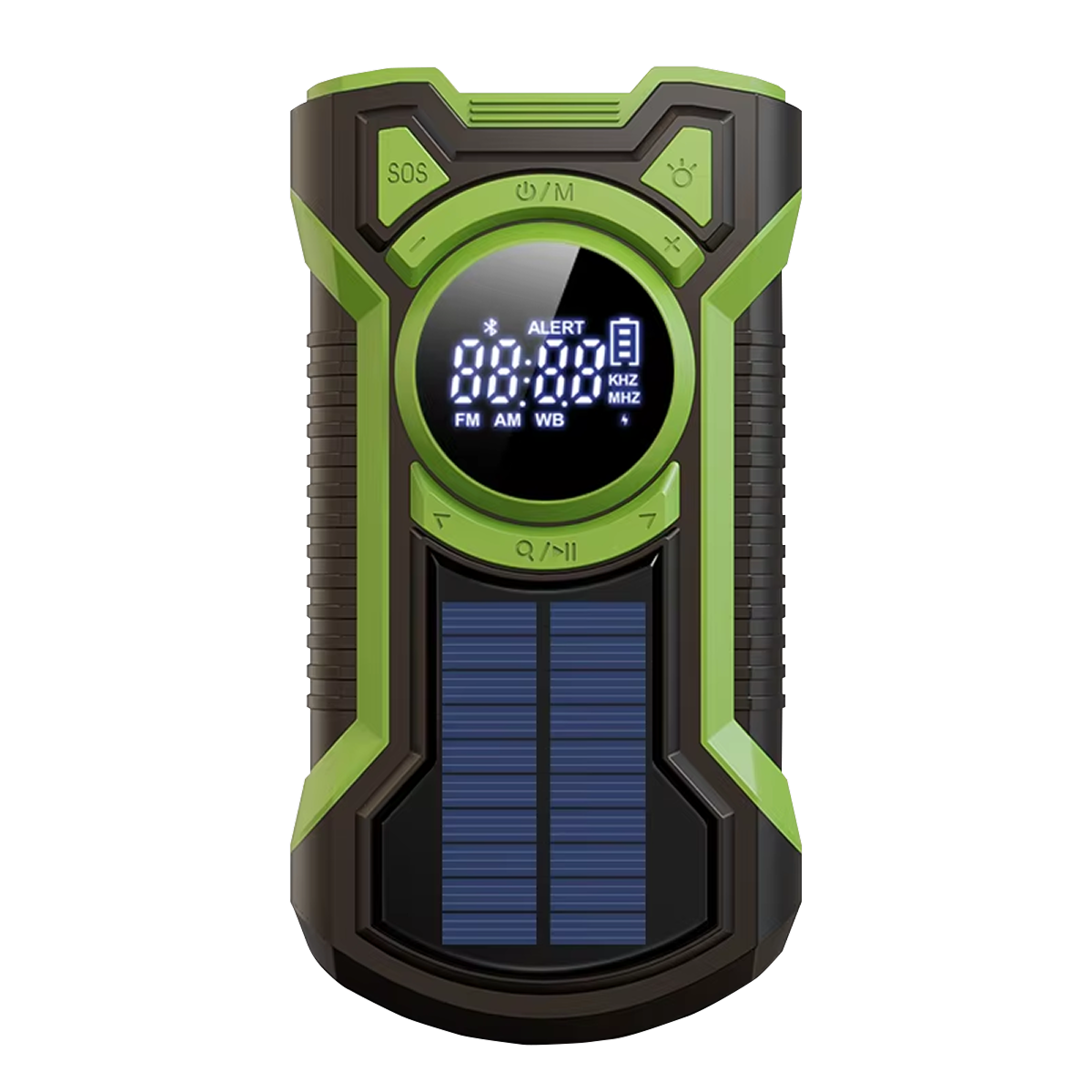 Green and black SigziVox Emergency Radio with digital display on a white background