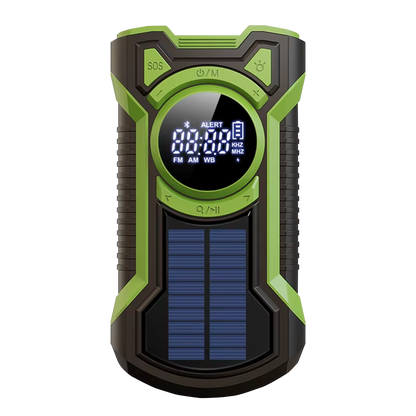 Green and black SigziVox Emergency Radio with digital display on a white background