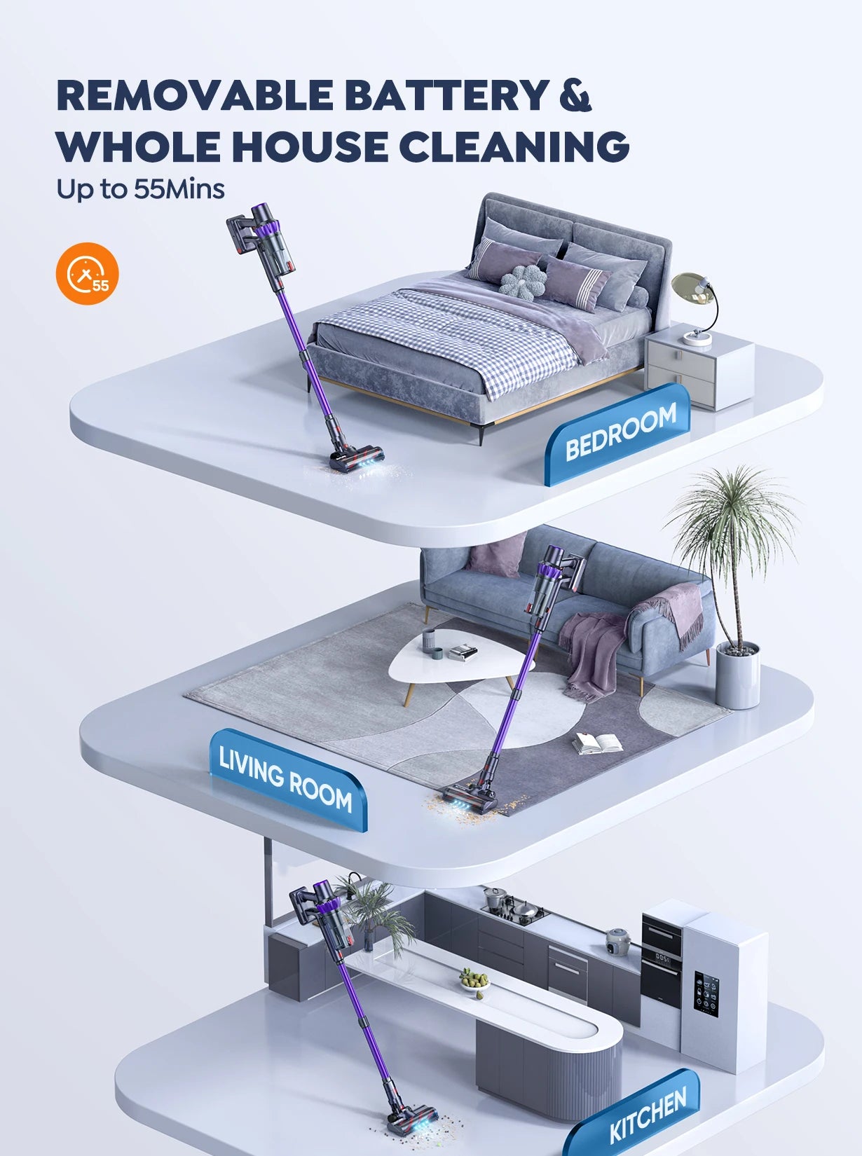 Sixpad Cordless Vacuum Cleaner with a removable battery and cleaning capabilities in different rooms of a house.
