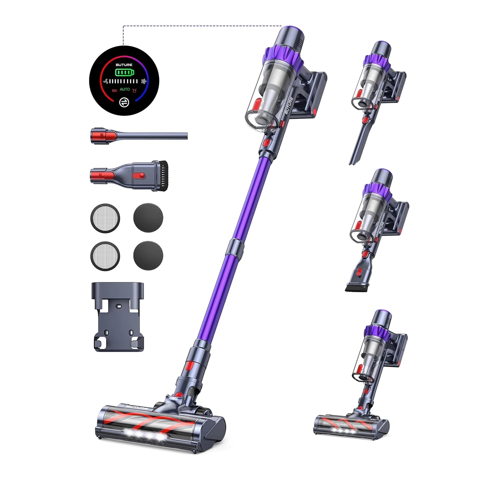 Purple and gray Sixpad Cordless Vacuum Cleaner
 with attachments on a white background