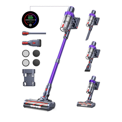 Purple and gray Sixpad Cordless Vacuum Cleaner
 with attachments on a white background
